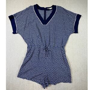 Tory Burch Women Large Blue White V Neck Short Sleeve Shortall Romper Casual